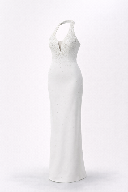 Abendkleid mit Neckholder und Perlenverzierungen